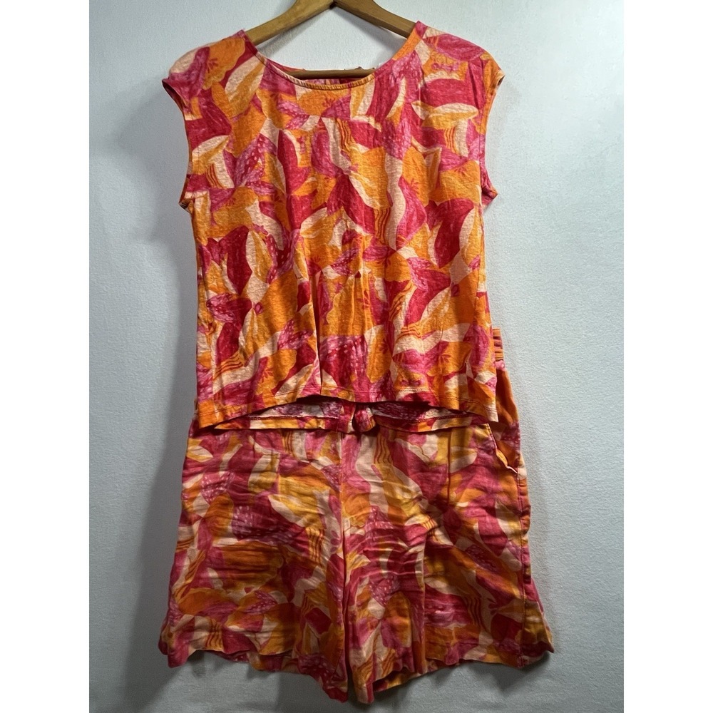 Cynthia Rowley Women's Orange Floral Set 100% Linen Top M Bottom L Shorts Flax
